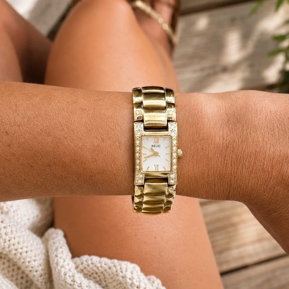 Relic by Fossil Womens Watch Gold Tone Crystal Rectangle Link Bracelet ZR33695